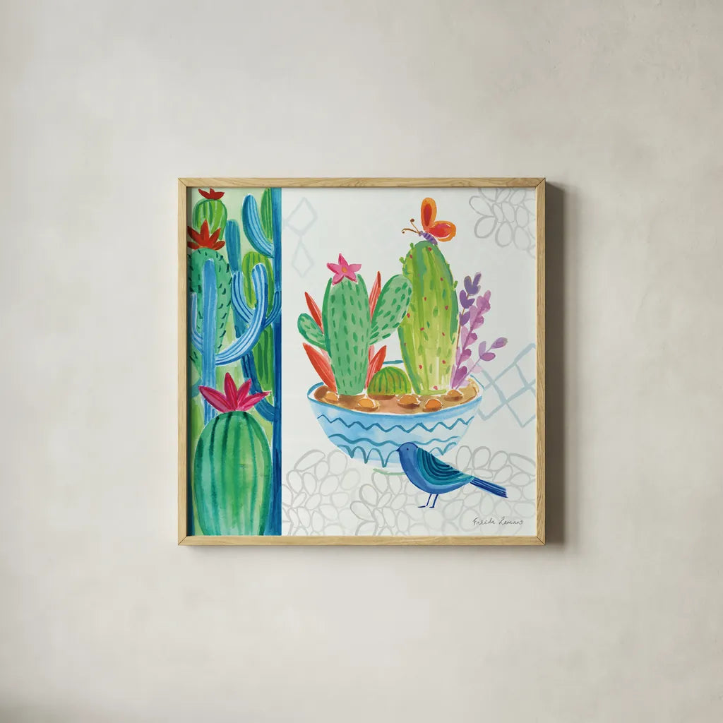 Cacti Garden II by Farida Zaman. Shown in a natural wood glass frame for a timeless modern aesthetic. Available as an archival giclee rolled canvas, fine art paper, or poster print. SKU 33101a.