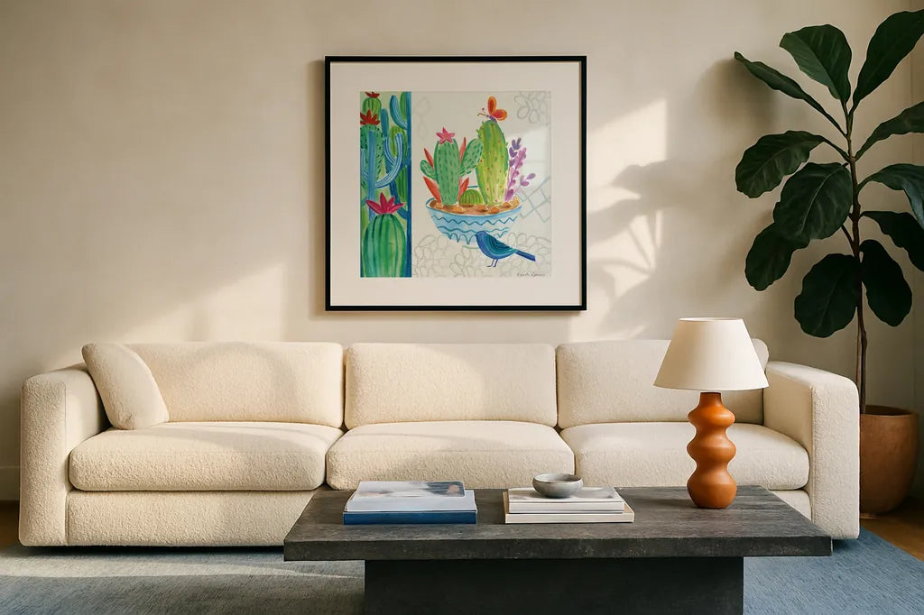 Cacti Garden II by Farida Zaman. Displayed in a glass frame with matte in a clean modern living room. Available as an archival giclee rolled canvas, fine art paper, or poster print. SKU 33101a.