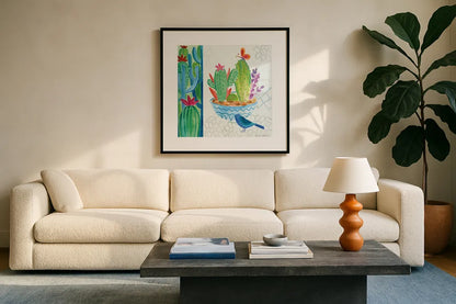 Cacti Garden II by Farida Zaman. Displayed in a glass frame with matte in a clean modern living room. Available as an archival giclee rolled canvas, fine art paper, or poster print. SKU 33101a.