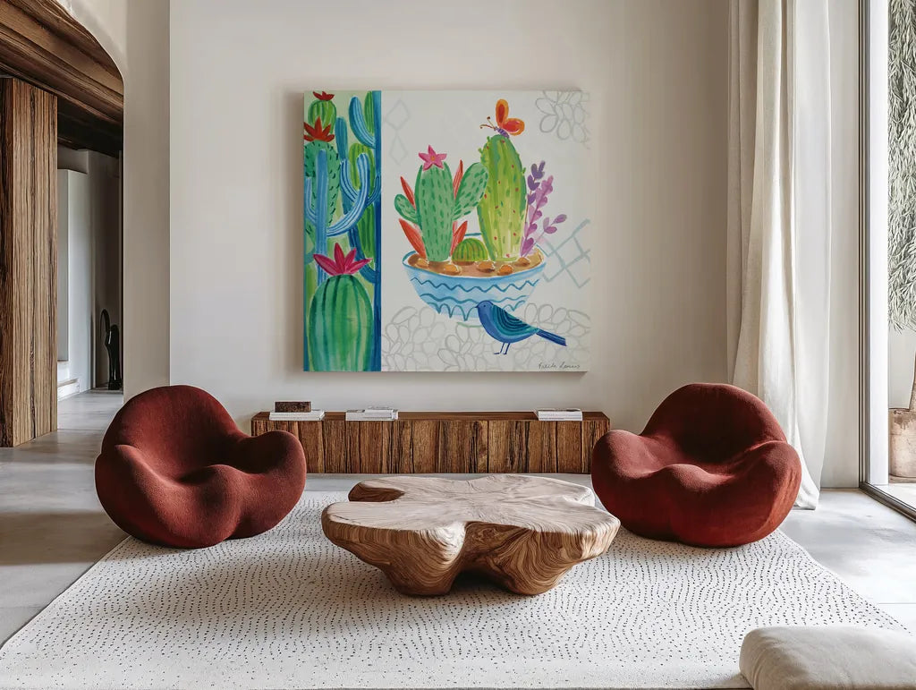 Cacti Garden II by Farida Zaman. Shown as extra-large giant wall art in a modern living room. Available as an archival giclee rolled canvas, fine art paper, or poster print. SKU 33101a.