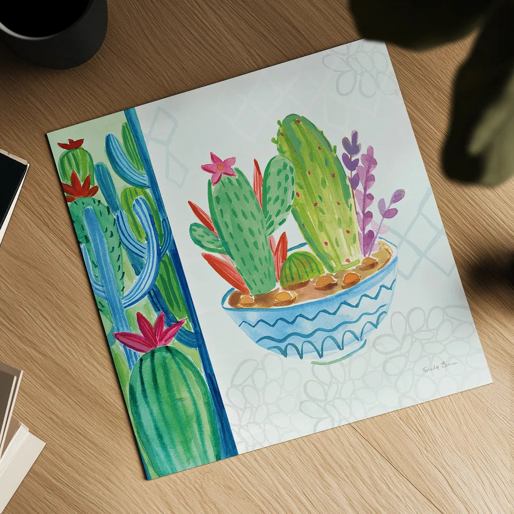 Cacti Garden II no Birds and Butterflies by Farida Zaman. Shown as a detailed flat fine art print, highlighting archival giclee quality. Available as an archival giclee rolled canvas, fine art paper, or poster print. SKU 34183a.