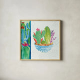 Cacti Garden II no Birds and Butterflies by Farida Zaman. Shown in a natural wood glass frame for a timeless modern aesthetic. Available as an archival giclee rolled canvas, fine art paper, or poster print. SKU 34183a.