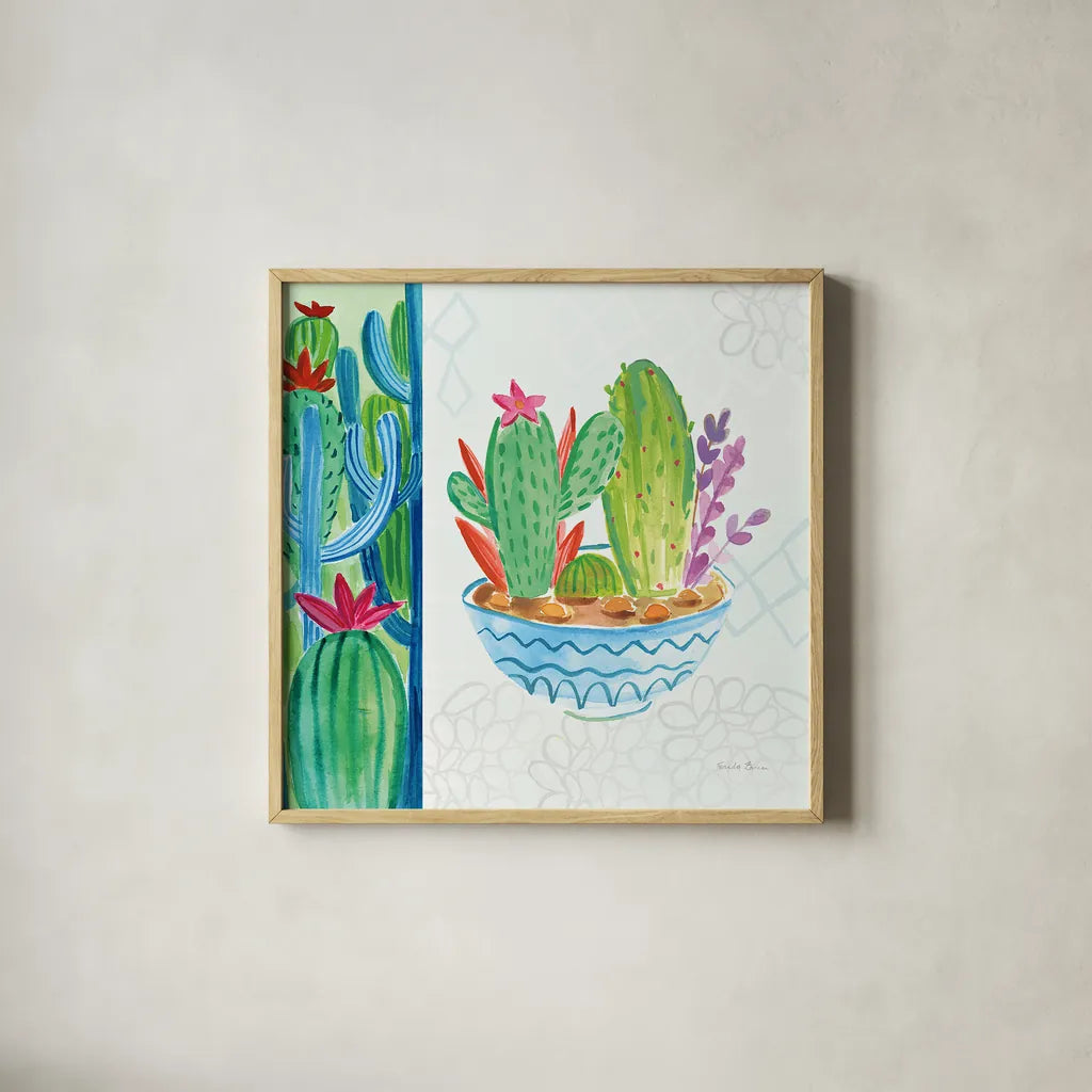 Cacti Garden II no Birds and Butterflies by Farida Zaman. Shown in a natural wood glass frame for a timeless modern aesthetic. Available as an archival giclee rolled canvas, fine art paper, or poster print. SKU 34183a.