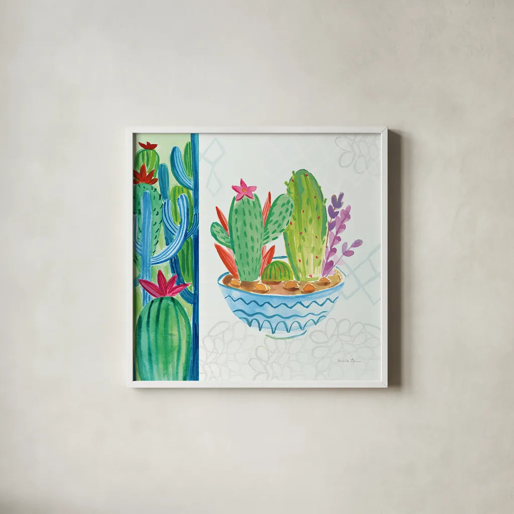 Cacti Garden II no Birds and Butterflies by Farida Zaman. Shown in a crisp white glass frame for a clean and minimalist style. Available as an archival giclee rolled canvas, fine art paper, or poster print. SKU 34183a.