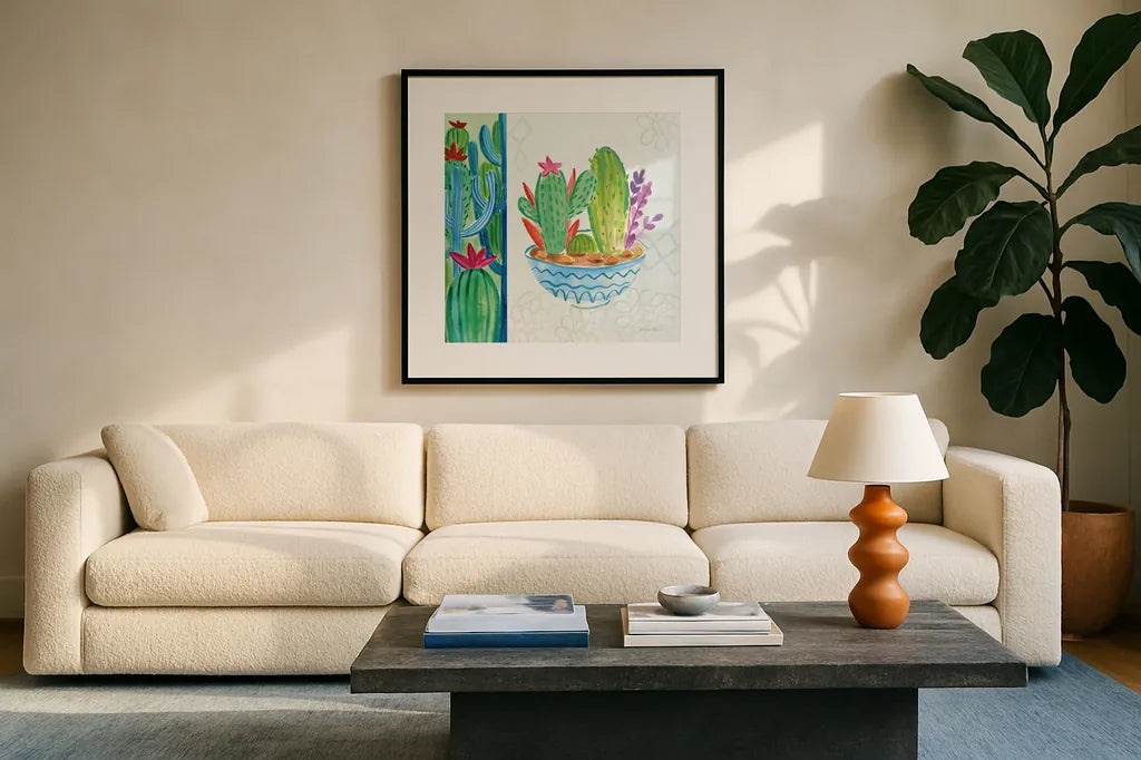 Cacti Garden II no Birds and Butterflies by Farida Zaman. Displayed in a glass frame with matte in a clean modern living room. Available as an archival giclee rolled canvas, fine art paper, or poster print. SKU 34183a.
