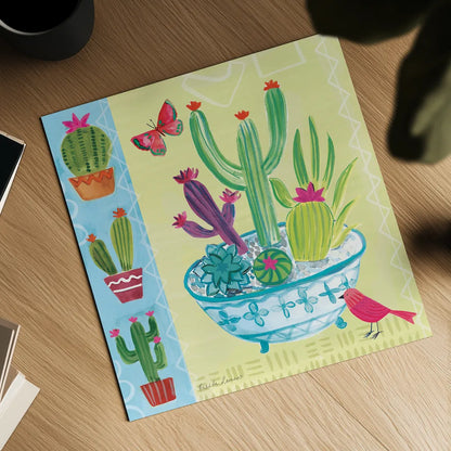 Cacti Garden III by Farida Zaman. Shown as a detailed flat fine art print, highlighting archival giclee quality. Available as an archival giclee rolled canvas, fine art paper, or poster print. SKU 33102a.