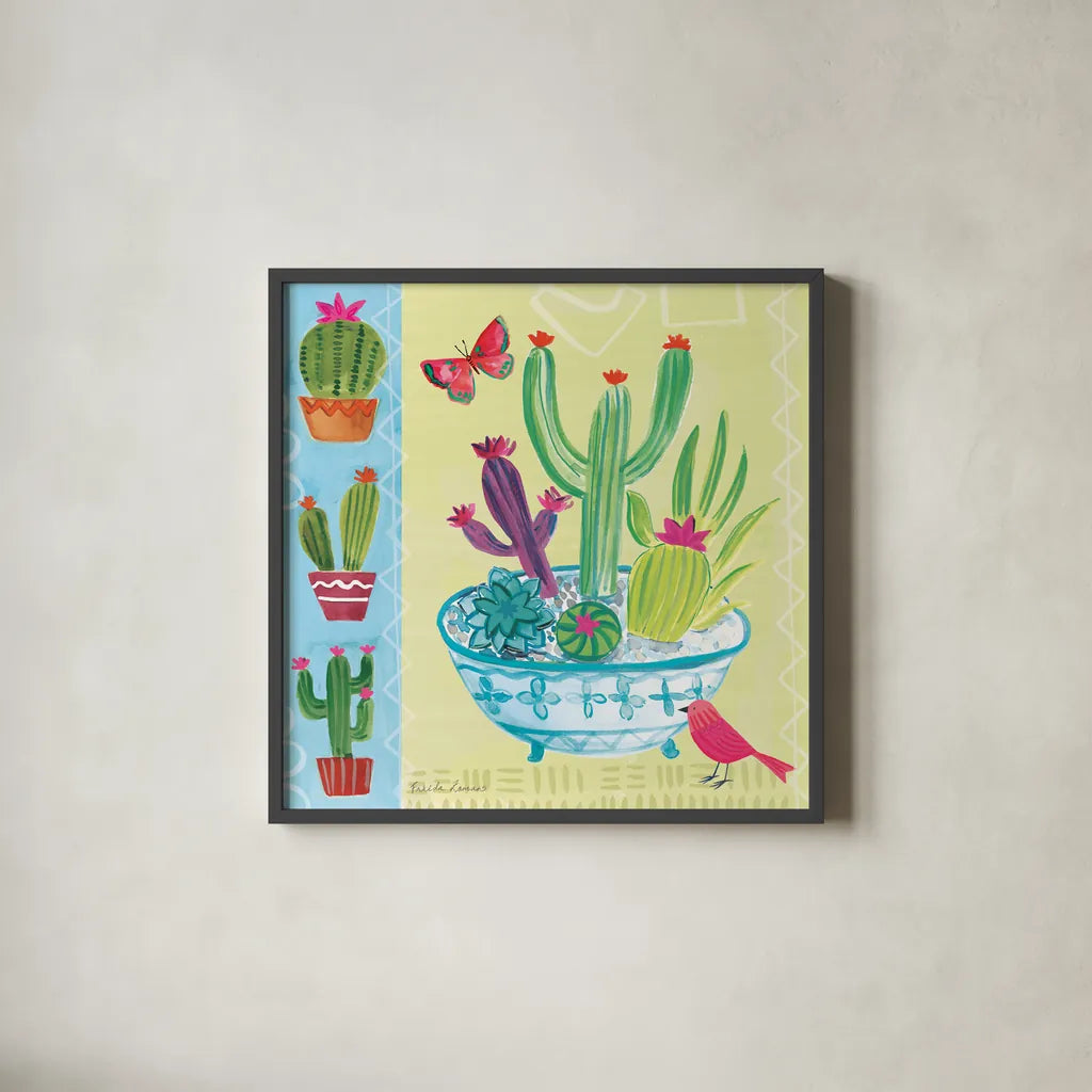 Cacti Garden III by Farida Zaman. Shown in a sleek black glass frame for a contemporary gallery look. Available as an archival giclee rolled canvas, fine art paper, or poster print. SKU 33102a.