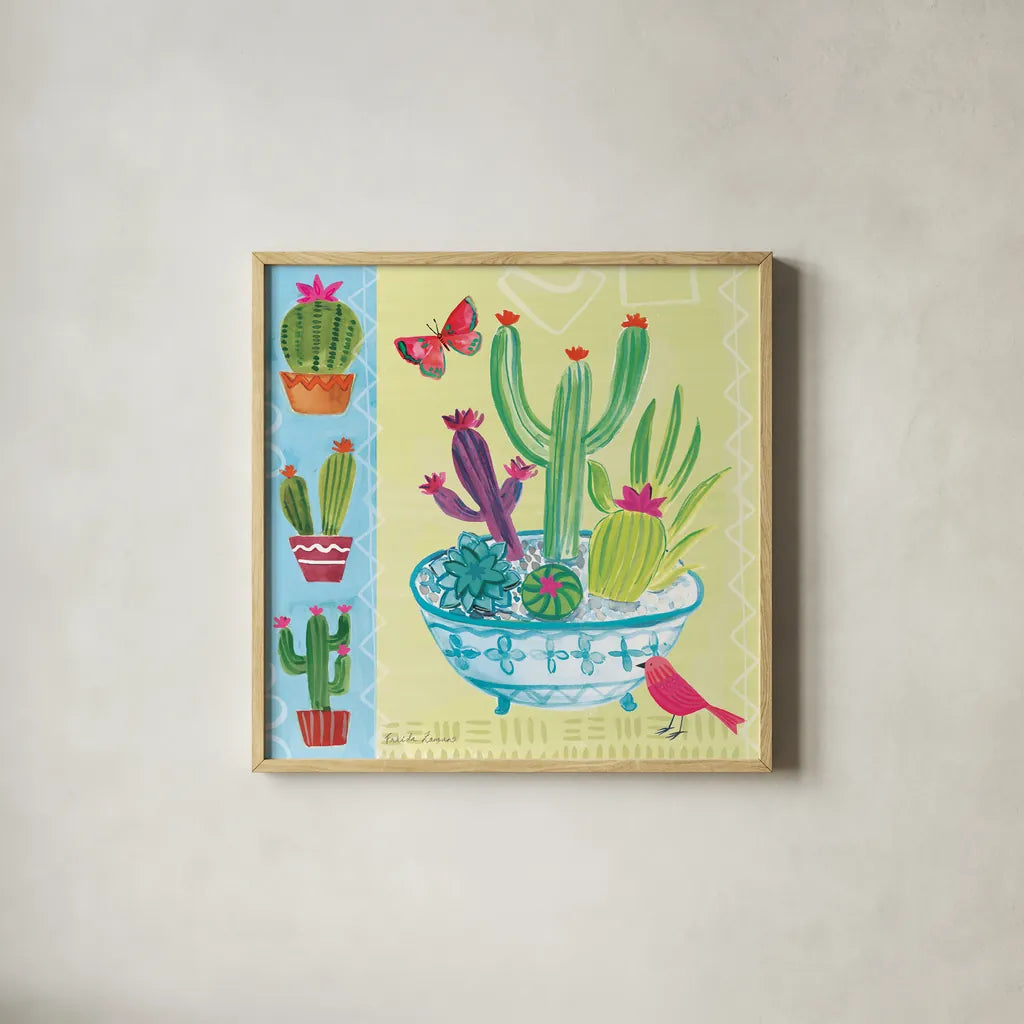 Cacti Garden III by Farida Zaman. Shown in a natural wood glass frame for a timeless modern aesthetic. Available as an archival giclee rolled canvas, fine art paper, or poster print. SKU 33102a.