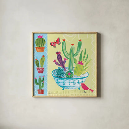 Cacti Garden III by Farida Zaman. Shown in a natural wood glass frame for a timeless modern aesthetic. Available as an archival giclee rolled canvas, fine art paper, or poster print. SKU 33102a.