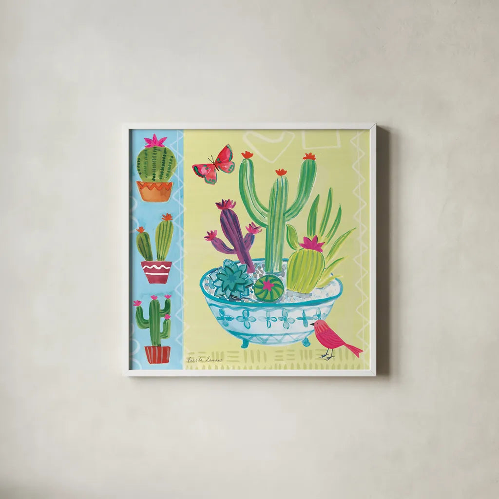 Cacti Garden III by Farida Zaman. Shown in a crisp white glass frame for a clean and minimalist style. Available as an archival giclee rolled canvas, fine art paper, or poster print. SKU 33102a.