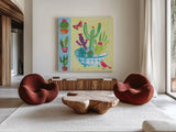 Cacti Garden III by Farida Zaman. Shown as extra-large giant wall art in a modern living room. Available as an archival giclee rolled canvas, fine art paper, or poster print. SKU 33102a.