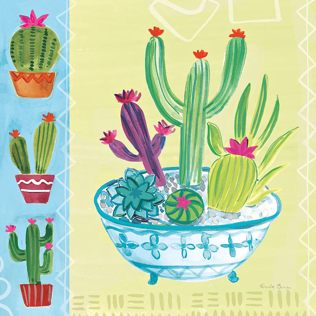 Cacti Garden III no Birds and Butterflies by Farida Zaman. SKU 34184a. Archival Giclee Fine art print for wall decor.
