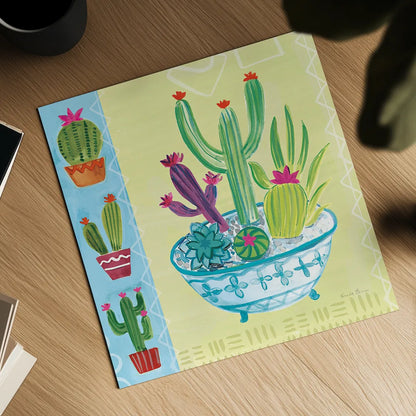 Cacti Garden III no Birds and Butterflies by Farida Zaman. Shown as a detailed flat fine art print, highlighting archival giclee quality. Available as an archival giclee rolled canvas, fine art paper, or poster print. SKU 34184a.