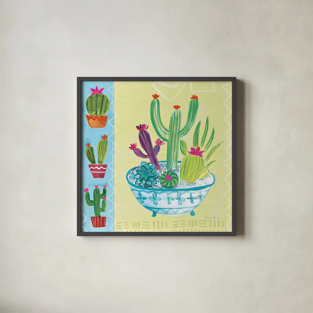 Cacti Garden III no Birds and Butterflies by Farida Zaman. Shown in a sleek black glass frame for a contemporary gallery look. Available as an archival giclee rolled canvas, fine art paper, or poster print. SKU 34184a.