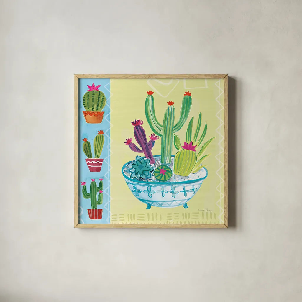 Cacti Garden III no Birds and Butterflies by Farida Zaman. Shown in a natural wood glass frame for a timeless modern aesthetic. Available as an archival giclee rolled canvas, fine art paper, or poster print. SKU 34184a.