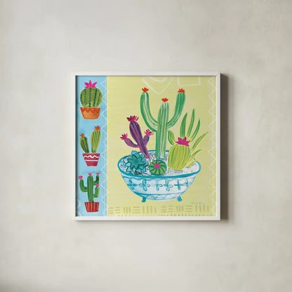 Cacti Garden III no Birds and Butterflies by Farida Zaman. Shown in a crisp white glass frame for a clean and minimalist style. Available as an archival giclee rolled canvas, fine art paper, or poster print. SKU 34184a.