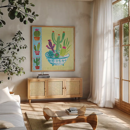 Cacti Garden III no Birds and Butterflies by Farida Zaman. Shown in a natural wood frame in a cozy modern living room. Available as an archival giclee rolled canvas, fine art paper, or poster print. SKU 34184a.