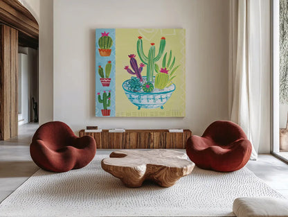 Cacti Garden III no Birds and Butterflies by Farida Zaman. Shown as extra-large giant wall art in a modern living room. Available as an archival giclee rolled canvas, fine art paper, or poster print. SKU 34184a.