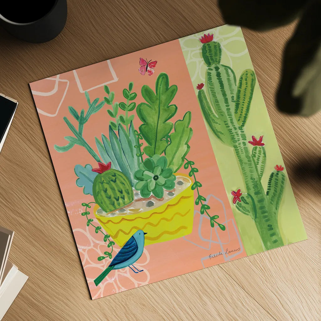 Cacti Garden IV by Farida Zaman. Shown as a detailed flat fine art print, highlighting archival giclee quality. Available as an archival giclee rolled canvas, fine art paper, or poster print. SKU 33103a.