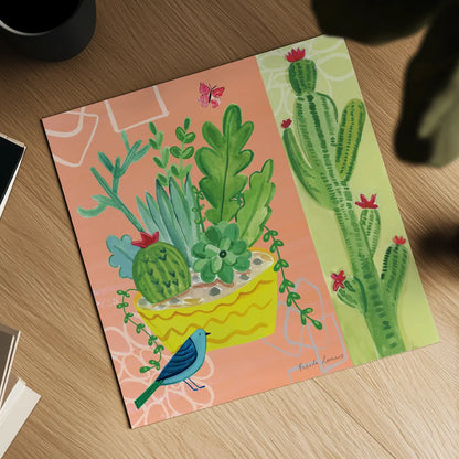 Cacti Garden IV by Farida Zaman. Shown as a detailed flat fine art print, highlighting archival giclee quality. Available as an archival giclee rolled canvas, fine art paper, or poster print. SKU 33103a.