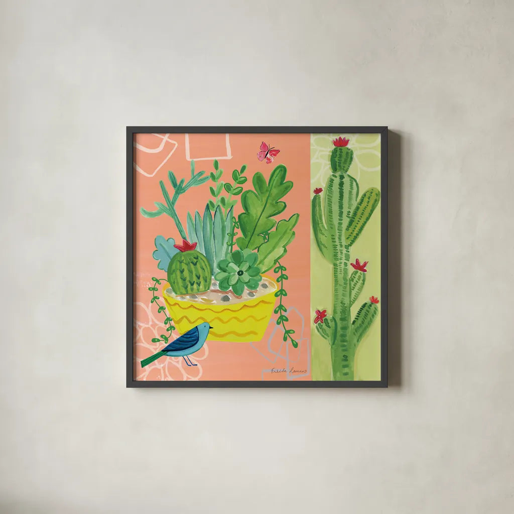 Cacti Garden IV by Farida Zaman. Shown in a sleek black glass frame for a contemporary gallery look. Available as an archival giclee rolled canvas, fine art paper, or poster print. SKU 33103a.
