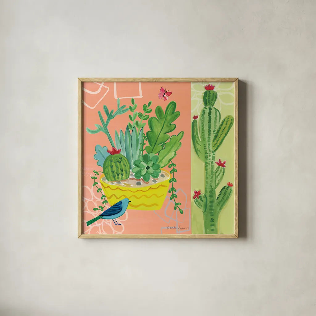 Cacti Garden IV by Farida Zaman. Shown in a natural wood glass frame for a timeless modern aesthetic. Available as an archival giclee rolled canvas, fine art paper, or poster print. SKU 33103a.