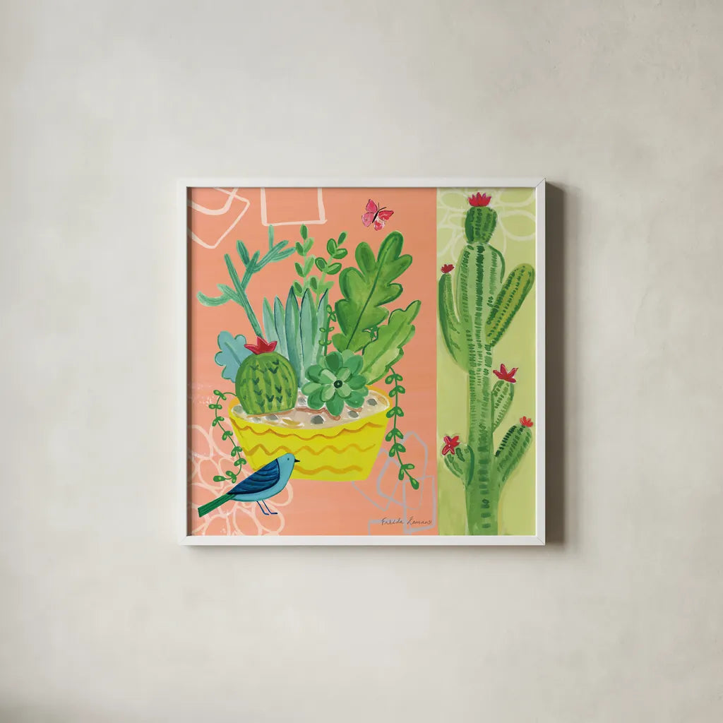 Cacti Garden IV by Farida Zaman. Shown in a crisp white glass frame for a clean and minimalist style. Available as an archival giclee rolled canvas, fine art paper, or poster print. SKU 33103a.