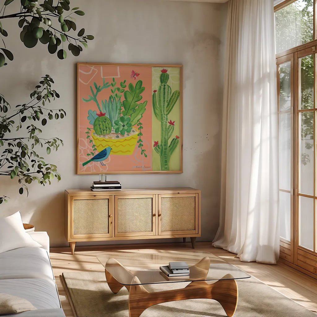 Cacti Garden IV by Farida Zaman. Shown in a natural wood frame in a cozy modern living room. Available as an archival giclee rolled canvas, fine art paper, or poster print. SKU 33103a.