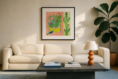 Cacti Garden IV by Farida Zaman. Displayed in a glass frame with matte in a clean modern living room. Available as an archival giclee rolled canvas, fine art paper, or poster print. SKU 33103a.