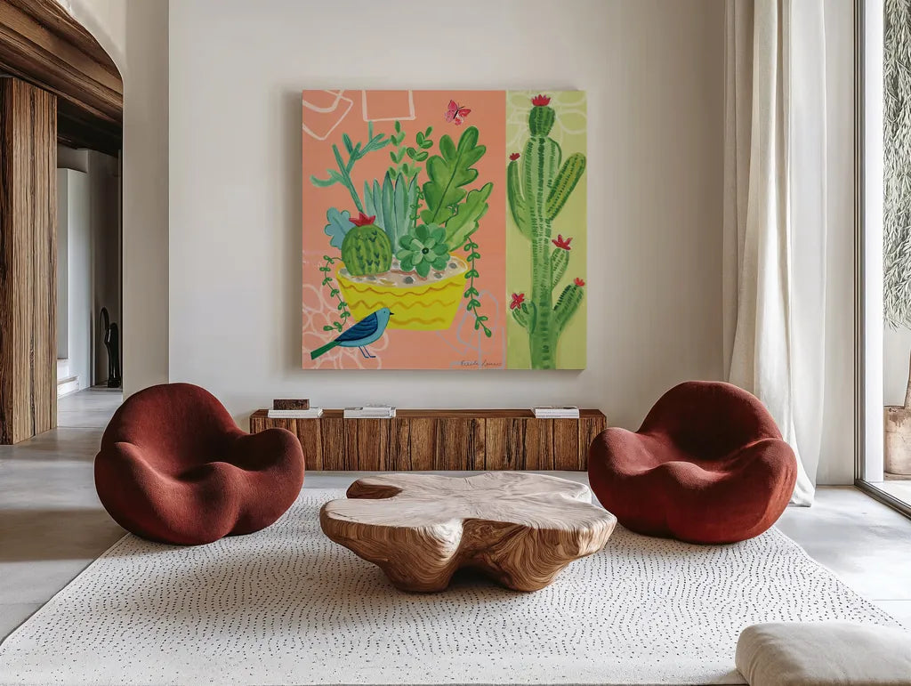 Cacti Garden IV by Farida Zaman. Shown as extra-large giant wall art in a modern living room. Available as an archival giclee rolled canvas, fine art paper, or poster print. SKU 33103a.