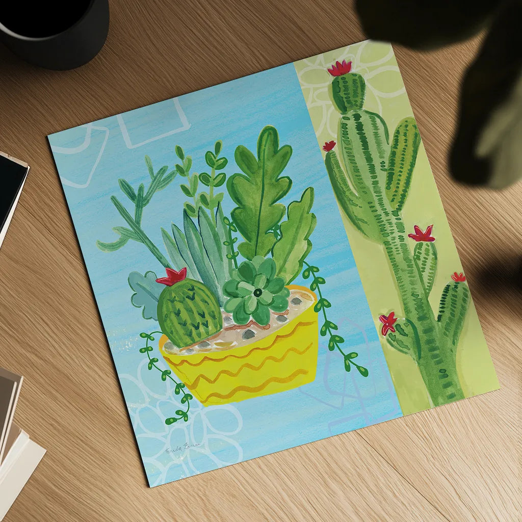 Cacti Garden IV no Birds and Butterflies by Farida Zaman. Shown as a detailed flat fine art print, highlighting archival giclee quality. Available as an archival giclee rolled canvas, fine art paper, or poster print. SKU 34185a.