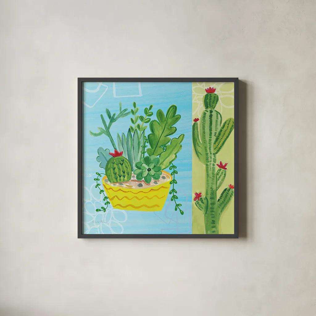 Cacti Garden IV no Birds and Butterflies by Farida Zaman. Shown in a sleek black glass frame for a contemporary gallery look. Available as an archival giclee rolled canvas, fine art paper, or poster print. SKU 34185a.