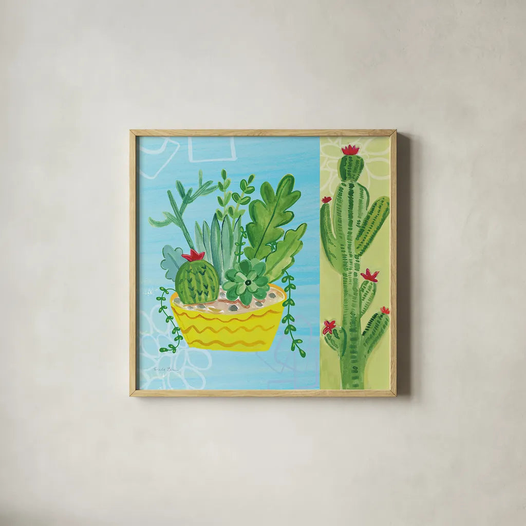 Cacti Garden IV no Birds and Butterflies by Farida Zaman. Shown in a natural wood glass frame for a timeless modern aesthetic. Available as an archival giclee rolled canvas, fine art paper, or poster print. SKU 34185a.