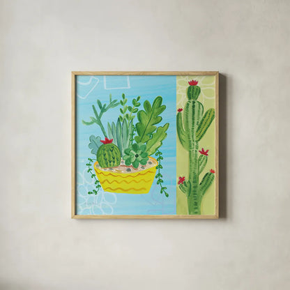 Cacti Garden IV no Birds and Butterflies by Farida Zaman. Shown in a natural wood glass frame for a timeless modern aesthetic. Available as an archival giclee rolled canvas, fine art paper, or poster print. SKU 34185a.