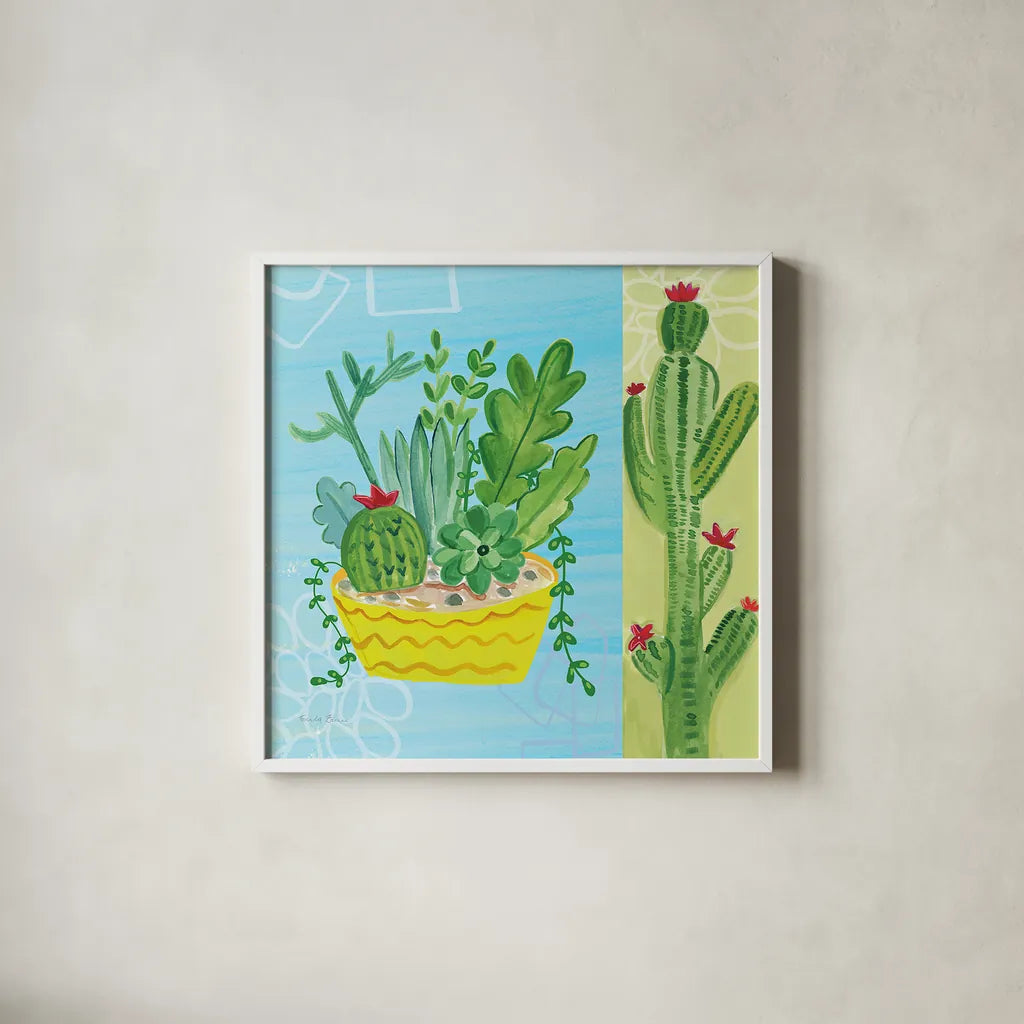 Cacti Garden IV no Birds and Butterflies by Farida Zaman. Shown in a crisp white glass frame for a clean and minimalist style. Available as an archival giclee rolled canvas, fine art paper, or poster print. SKU 34185a.