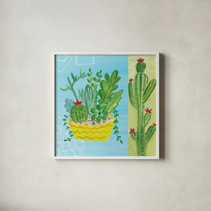 Cacti Garden IV no Birds and Butterflies by Farida Zaman. Shown in a crisp white glass frame for a clean and minimalist style. Available as an archival giclee rolled canvas, fine art paper, or poster print. SKU 34185a.