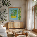 Cacti Garden IV no Birds and Butterflies by Farida Zaman. Shown in a natural wood frame in a cozy modern living room. Available as an archival giclee rolled canvas, fine art paper, or poster print. SKU 34185a.