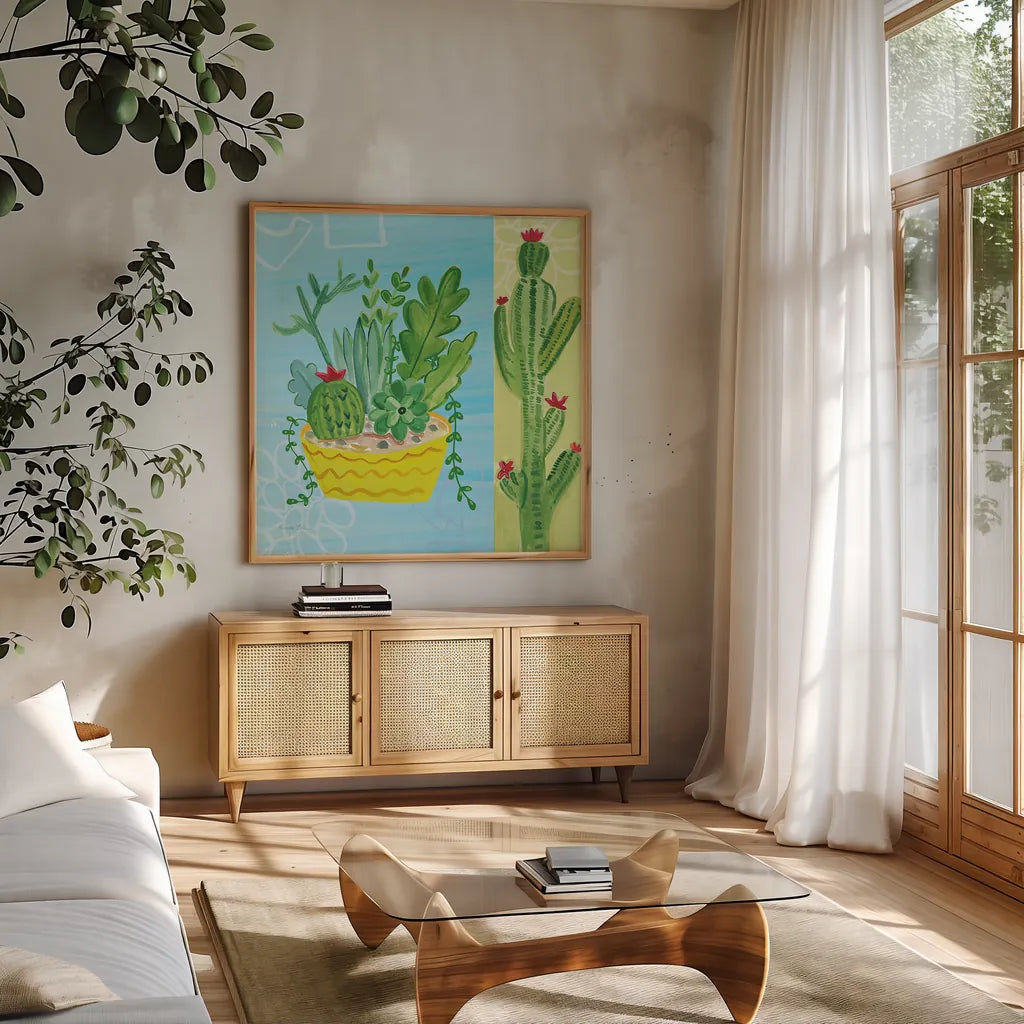 Cacti Garden IV no Birds and Butterflies by Farida Zaman. Shown in a natural wood frame in a cozy modern living room. Available as an archival giclee rolled canvas, fine art paper, or poster print. SKU 34185a.