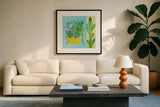Cacti Garden IV no Birds and Butterflies by Farida Zaman. Displayed in a glass frame with matte in a clean modern living room. Available as an archival giclee rolled canvas, fine art paper, or poster print. SKU 34185a.