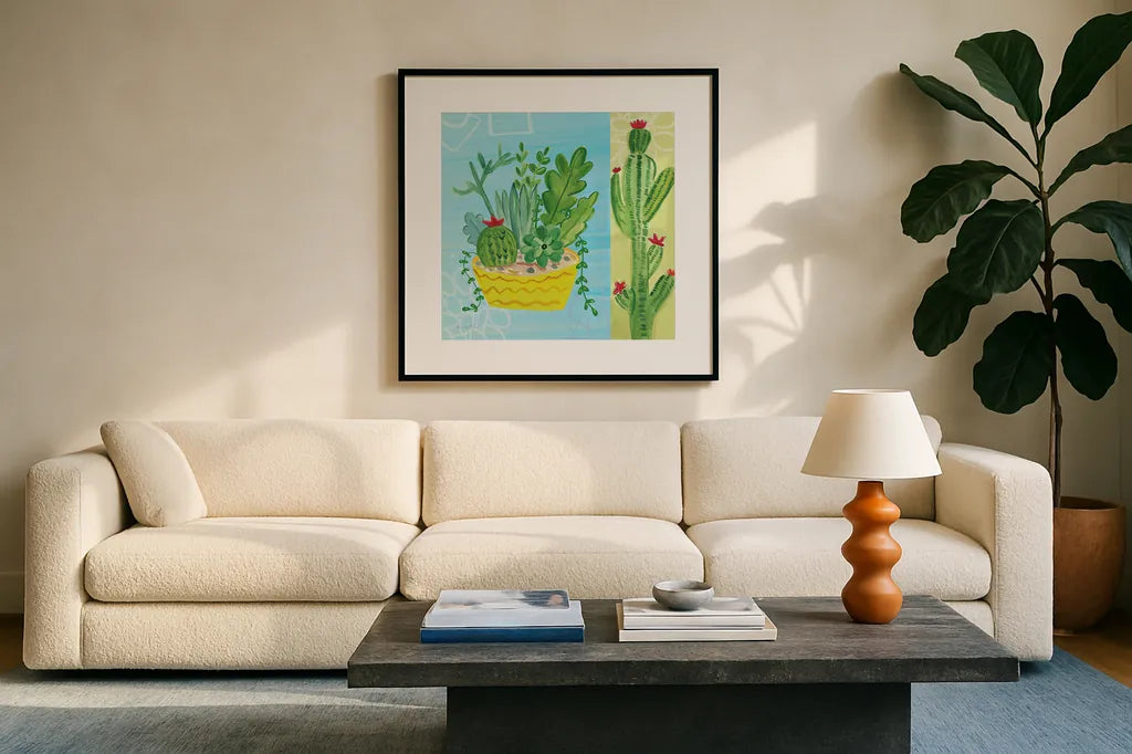 Cacti Garden IV no Birds and Butterflies by Farida Zaman. Displayed in a glass frame with matte in a clean modern living room. Available as an archival giclee rolled canvas, fine art paper, or poster print. SKU 34185a.