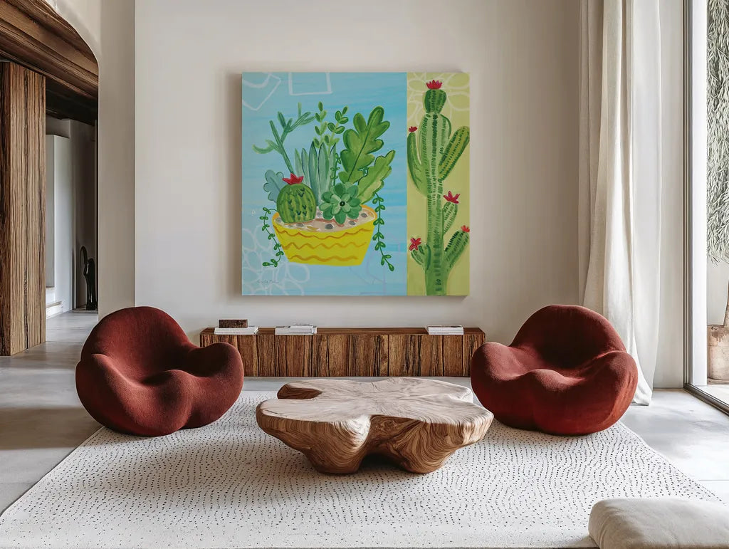 Cacti Garden IV no Birds and Butterflies by Farida Zaman. Shown as extra-large giant wall art in a modern living room. Available as an archival giclee rolled canvas, fine art paper, or poster print. SKU 34185a.