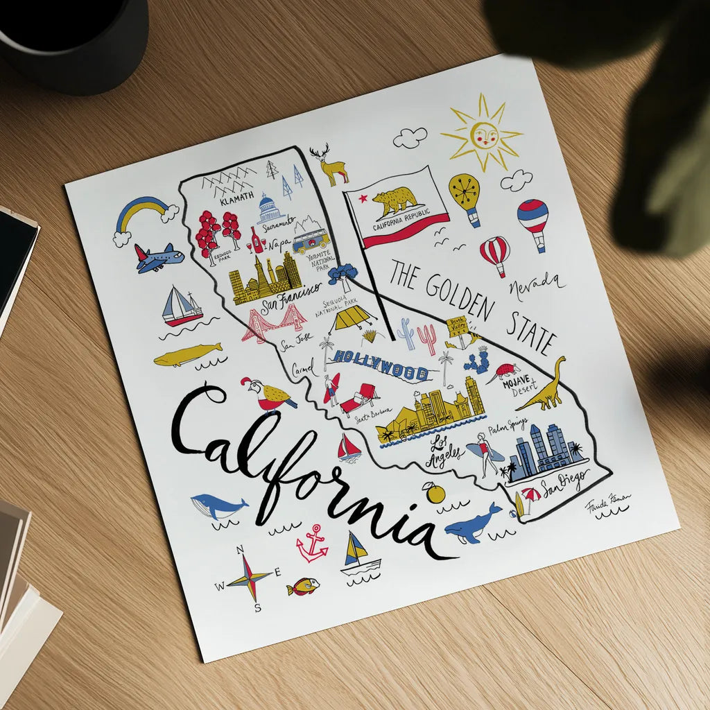 California by Farida Zaman. Shown as a detailed flat fine art print, highlighting archival giclee quality. Available as an archival giclee rolled canvas, fine art paper, or poster print. SKU 63969a.