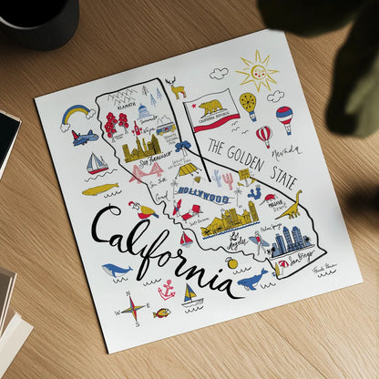 California by Farida Zaman. Shown as a detailed flat fine art print, highlighting archival giclee quality. Available as an archival giclee rolled canvas, fine art paper, or poster print. SKU 63969a.