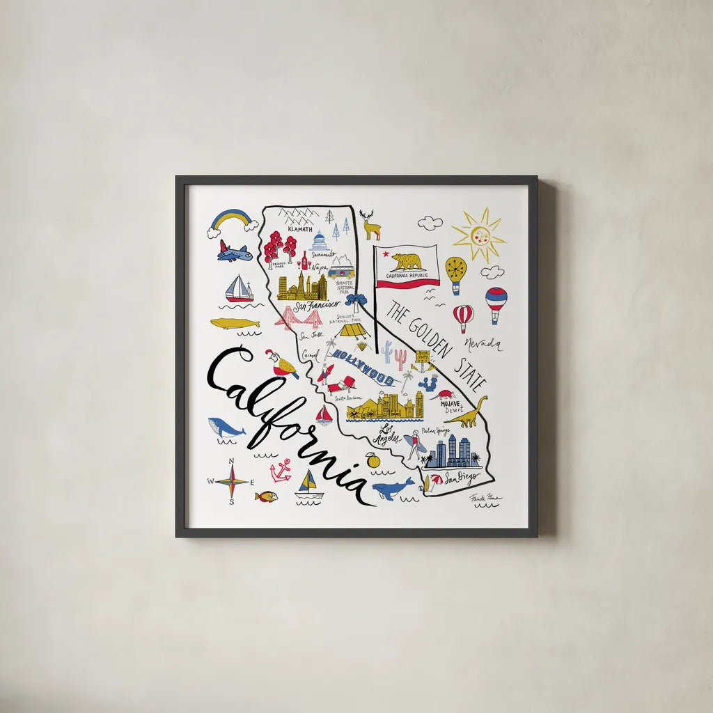 California by Farida Zaman. Shown in a sleek black glass frame for a contemporary gallery look. Available as an archival giclee rolled canvas, fine art paper, or poster print. SKU 63969a.