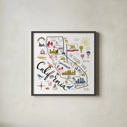 California by Farida Zaman. Shown in a sleek black glass frame for a contemporary gallery look. Available as an archival giclee rolled canvas, fine art paper, or poster print. SKU 63969a.