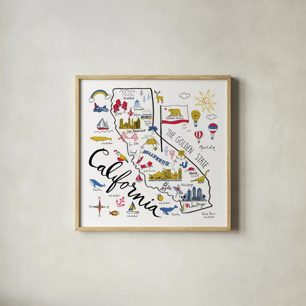California by Farida Zaman. Shown in a natural wood glass frame for a timeless modern aesthetic. Available as an archival giclee rolled canvas, fine art paper, or poster print. SKU 63969a.