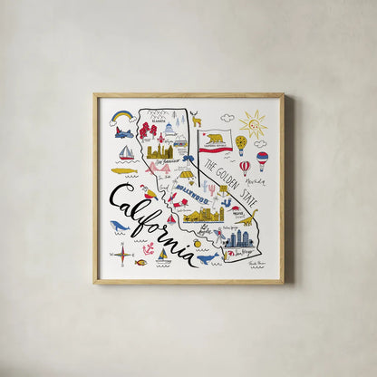 California by Farida Zaman. Shown in a natural wood glass frame for a timeless modern aesthetic. Available as an archival giclee rolled canvas, fine art paper, or poster print. SKU 63969a.