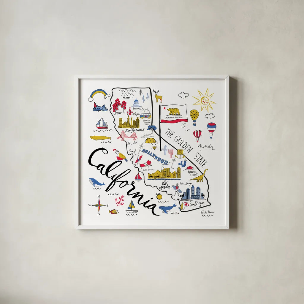 California by Farida Zaman. Shown in a crisp white glass frame for a clean and minimalist style. Available as an archival giclee rolled canvas, fine art paper, or poster print. SKU 63969a.