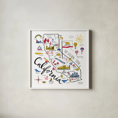 California by Farida Zaman. Shown in a crisp white glass frame for a clean and minimalist style. Available as an archival giclee rolled canvas, fine art paper, or poster print. SKU 63969a.