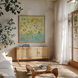 Camillia by Farida Zaman. Shown in a natural wood frame in a cozy modern living room. Available as an archival giclee rolled canvas, fine art paper, or poster print. SKU 32163a.